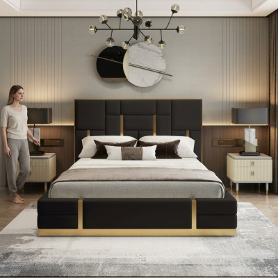 Black bedroom bed designer wood double bed luxury stainless steel bed
