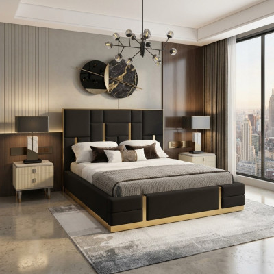 Black bedroom bed designer wood double bed luxury stainless steel bed