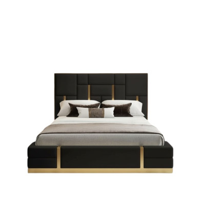 Black bedroom bed designer wood double bed luxury stainless steel bed