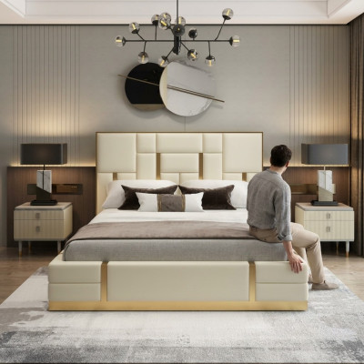 White double bed, bedroom luxury wood frame designer stainless steel bed