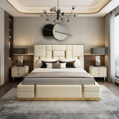 White double bed, bedroom luxury wood frame designer stainless steel bed