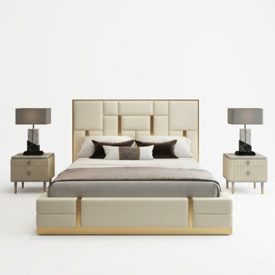 White double bed, bedroom luxury wood frame designer stainless steel bed