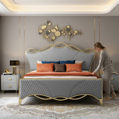 Stylish bedroom bed designer faux leather double bed wooden frame