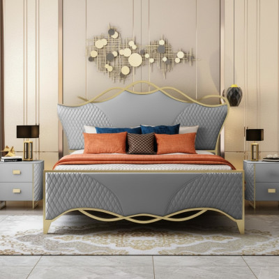 Stylish bedroom bed designer faux leather double bed wooden frame