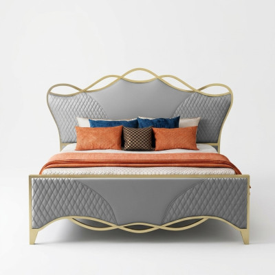 Stylish bedroom bed designer faux leather double bed wooden frame