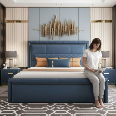 Large Blue Bedroom Bed Designer Double Beds Faux Leather Beds