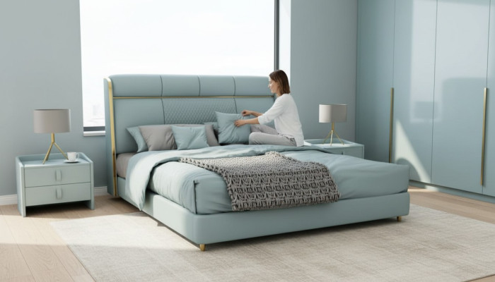 Bedroom blue double bed designer beds wooden frame luxury furniture