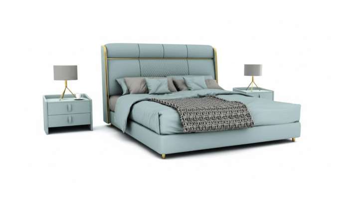 Bedroom blue double bed designer beds wooden frame luxury furniture