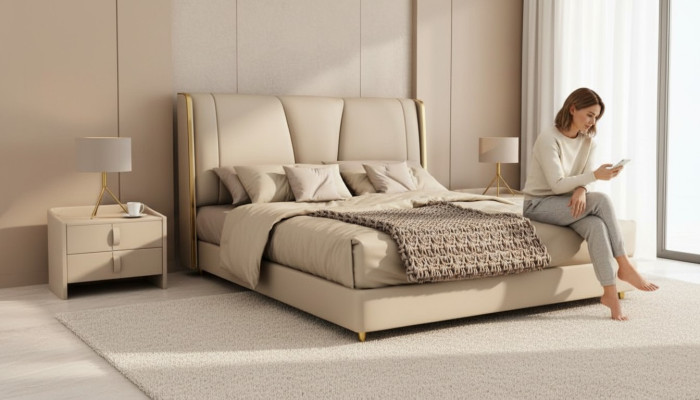 Bedroom designer beige bed double beds LED beds leather beds