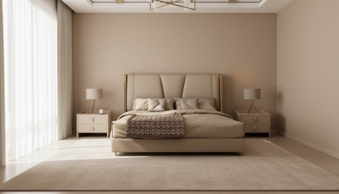 Bedroom designer beige bed double beds LED beds leather beds