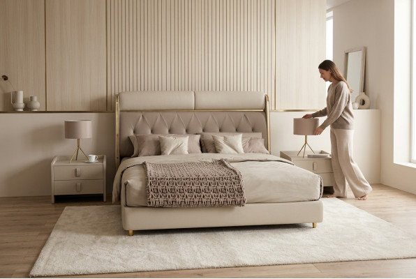 Stylish beige bedroom bed double bed textile beds LED bed