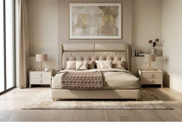 Stylish beige bedroom bed double bed textile beds LED bed