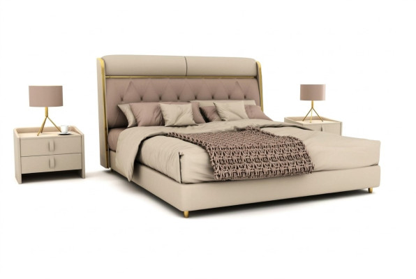 Stylish beige bedroom bed double bed textile beds LED bed