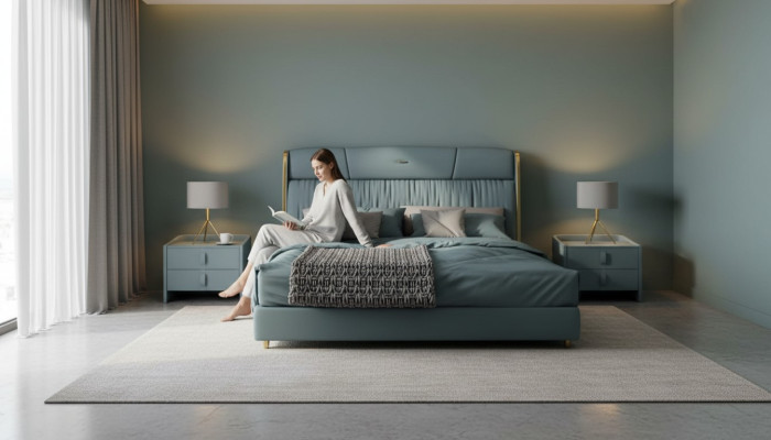 Blue bedroom double bed designer furniture LED bed wood textile beds