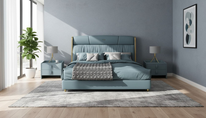 Blue bedroom double bed designer furniture LED bed wood textile beds