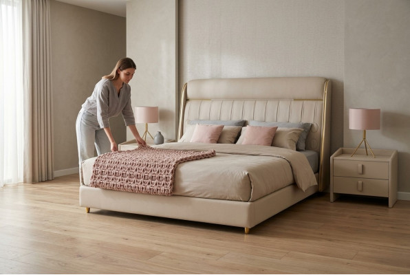 Luxurious beige bedroom bed stylish bedroom wooden furniture
