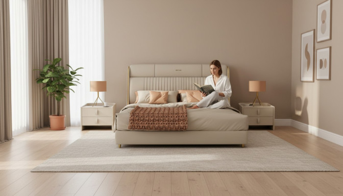 Beige textile bed stylish bedroom furniture designer double beds