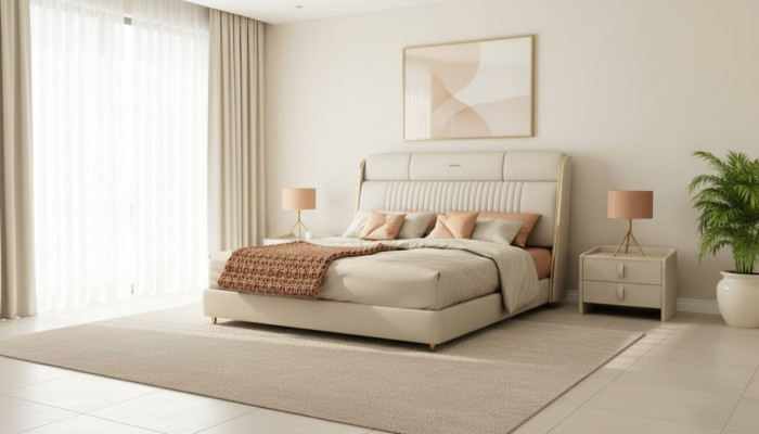 Beige textile bed stylish bedroom furniture designer double beds