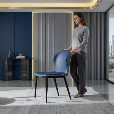 Black-Blue Dining Chair Wooden Legs Stylish Faux Leather Chairs Chair