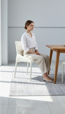 Dining room white single-seater designer chair with wooden frame and armrests.