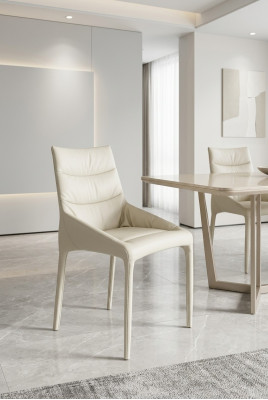 Dining room white single-seater designer chair with wooden frame and armrests.