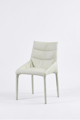 Dining room white single-seater designer chair with wooden frame and armrests.