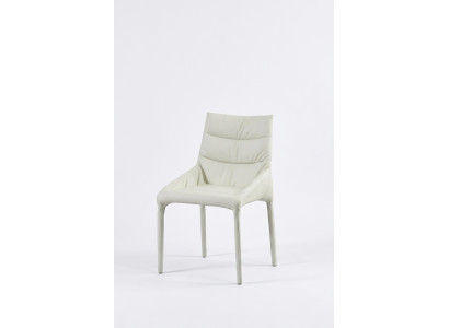 Dining room white single-seater designer chair with wooden frame and armrests.
