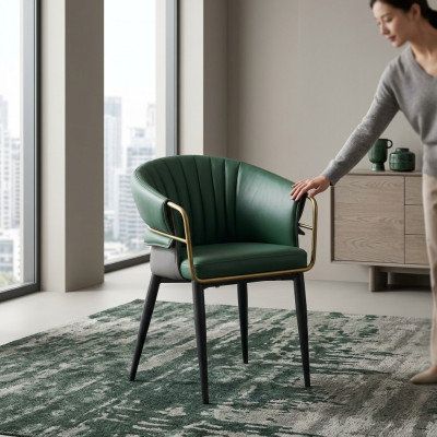 Green dining chair, designer wood legs, faux leather chairs, stainless steel furniture