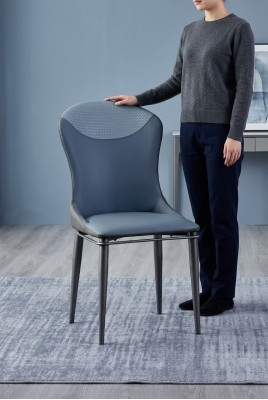Blue dining chair without armrests, wooden chairs, designer leather chairs.