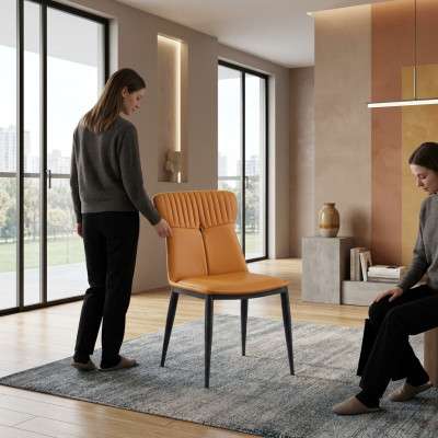 Brown dining chairs, designer faux leather, single-seaters, noble wooden chairs.