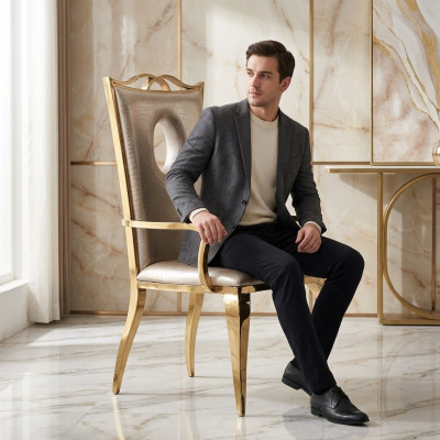 Beige Dining Chair Modern Single-Seater Faux Leather Chair Stainless Steel Furniture