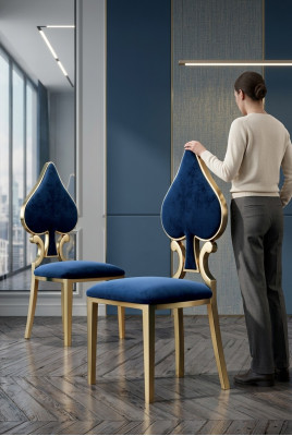 Blue-Gold Dining Room Chair Modern Single Seater Upholstered and Wood Chairs