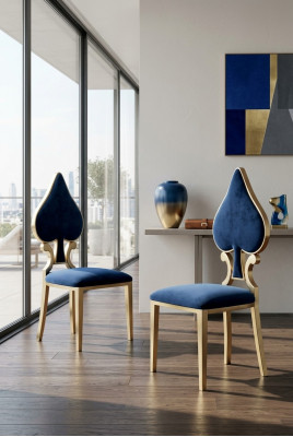 Blue-Gold Dining Room Chair Modern Single Seater Upholstered and Wood Chairs