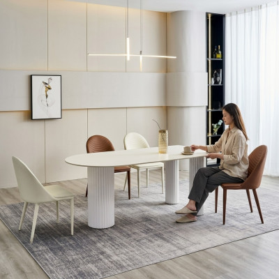 Dining room furniture: Half-round dining table, 4x white and brown chairs, luxury set
