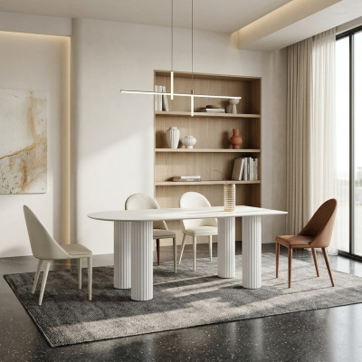 Dining room furniture: Half-round dining table, 4x white and brown chairs, luxury set