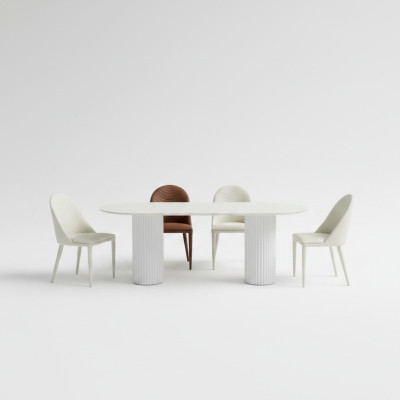 Dining room furniture: Half-round dining table, 4x white and brown chairs, luxury set