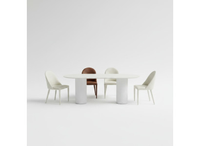 Dining room furniture: Half-round dining table, 4x white and brown chairs, luxury set