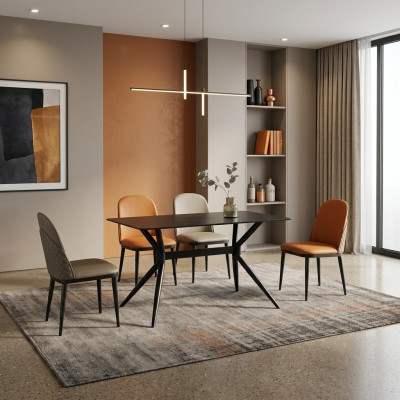 Dining room set, designer gray dining table, orange chairs, 6 single seats, 7-piece set