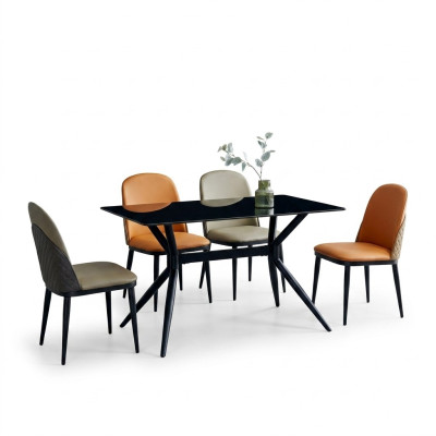 Dining room set, designer gray dining table, orange chairs, 6 single seats, 7-piece set