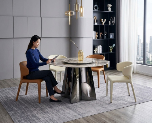 Designer round table luxury 4x leather chairs dining room set modern furniture