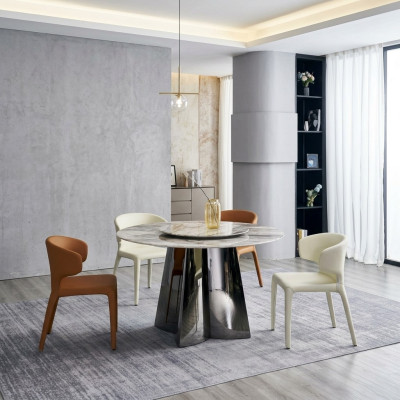 Designer round table luxury 4x leather chairs dining room set modern furniture