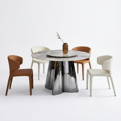 Designer round table luxury 4x leather chairs dining room set modern furniture