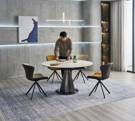Modern dining set designer round table stylish 4x faux leather chairs 5-piece set