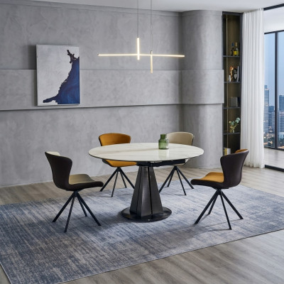 Modern dining set designer round table stylish 4x faux leather chairs 5-piece set
