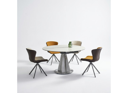 Modern dining set designer round table stylish 4x faux leather chairs 5-piece set