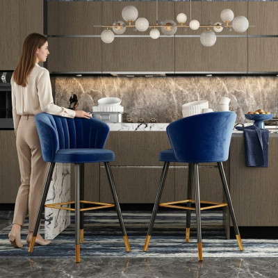 Blue bar stool designer furniture stainless steel upholstery single seater wooden legs