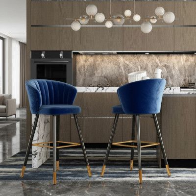 Blue bar stool designer furniture stainless steel upholstery single seater wooden legs