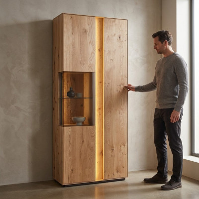Living room brown wooden display cabinet LED display cabinet wood cabinet glass cabinet new