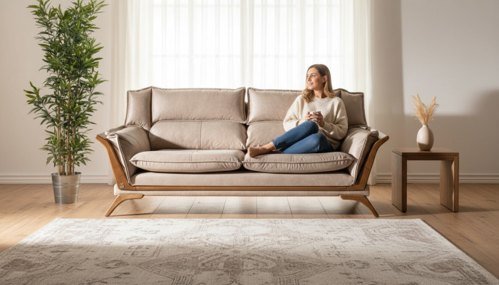 Beige 3-seater luxury sofas upholstered furniture leather living room design furniture