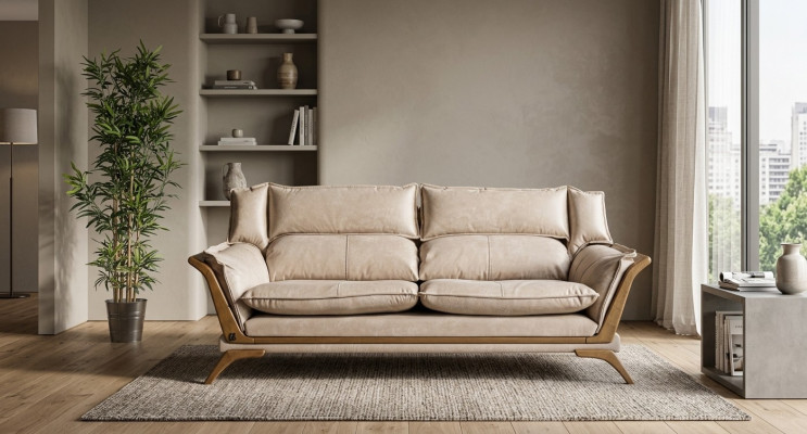 Beige 3-seater luxury sofas upholstered furniture leather living room design furniture